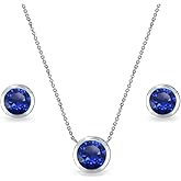 B. BRILLIANT Sterling Silver Genuine or Synthetic Bezel-set Gemstone 7mm Round Small Necklace & Stud Earrings Set