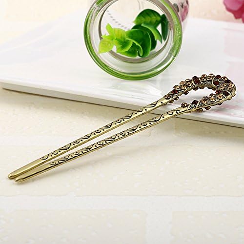 Retro Hair Jewelry Antique Bronze Plated Hairpins U shape Hair Sticks Women Rhinestone Flower Hair Accessories (BROWN)