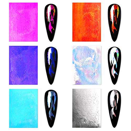 Modelones Flame Reflections Nail Stickers-16 PCS Fire Nail Decals for Gel Nail Polish Acrylic Powder Nail Art Holographic 3D Stickers with Tweezers Manicure Nail DIY Decoration