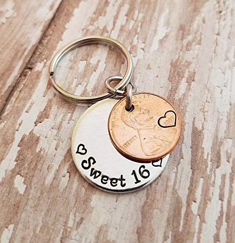 Sweet 16 Happy 16th Birthday Lucky Copper Penny Key Chain for New Driver Gift