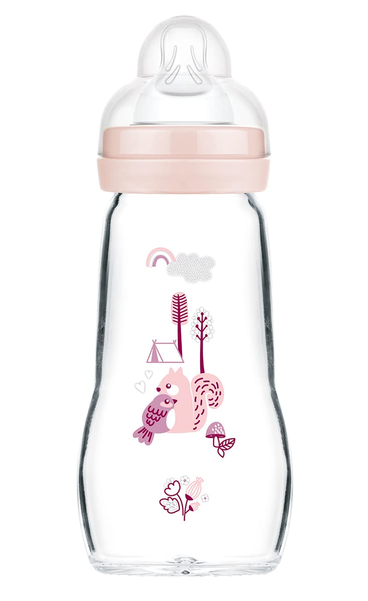 MAM Glass Bottle - Medium Flow Teat Size 2, 260 ml, Pack of 1, Newborn Essentials, Pink