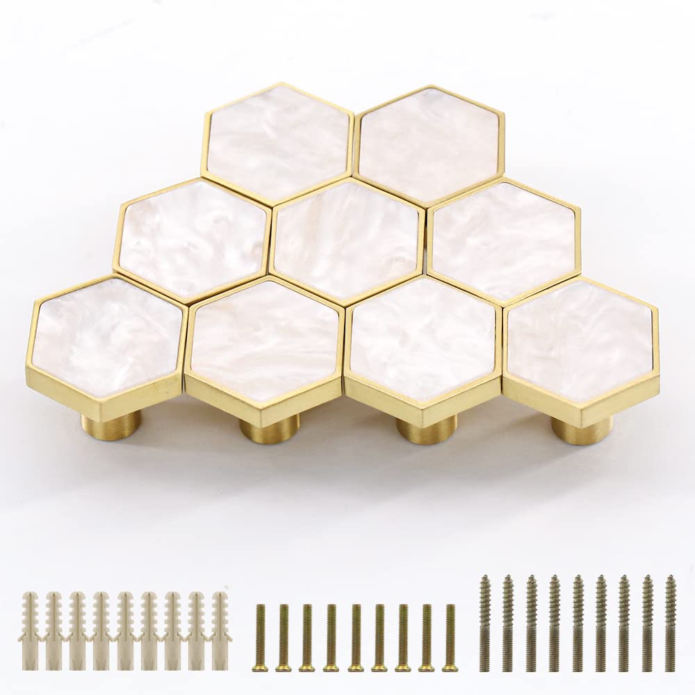 EVERGD 27mm Pure Copper Handle Shell Brass Gold Wardrobe Kitchen Cabinet Door Knobs Drawer Cupboard Hardware Pull Handle Clothes Coat Hook Modern Simple (9, Pearl White-Hexastyle) — image 1