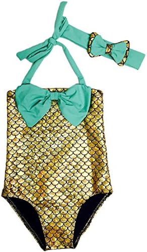 Little Girls One Piece Mermaid Swimwear Bikini with Headband (90/2T, Golden)