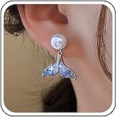 Erimberate Bohemian Crystal Pearl Tail Dangle Earrings Blue Mermaid Tail Drop Earrings Round Pearl Stud Earrings Rhinestone Pearl Fishtail Earrings Jewelry for Women