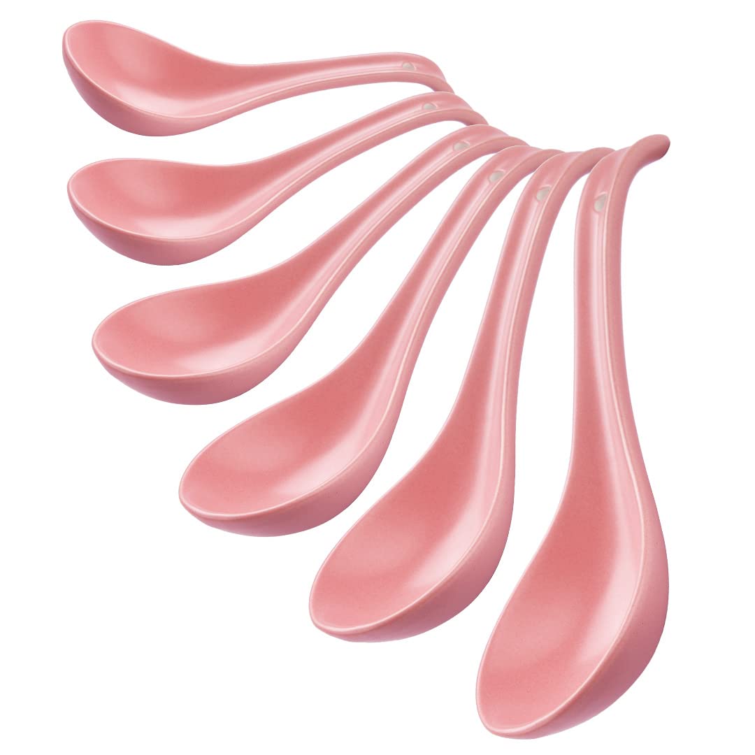 CHILDIKE Porcelain Soup Spoons Set of 6, Ceramic Chinese Soup Spoons, 6.6 Inch, Asian, Pink