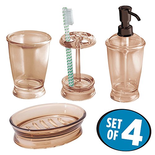 mDesign Bath Accessory Set, Soap Dispenser Pump, Toothbrush Holder, Tumbler, Soap Dish - 4 Pieces, Sand
