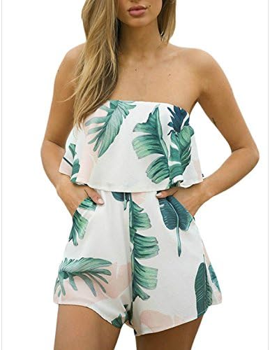 LiMiCao Floral Romper Strapless Beach Shorts Off Shoulder Jumpsuit For Women