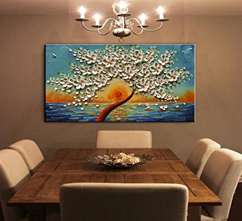 baccow White Oil Paintings 2448, Abstract 3D Flower Wall Decor Blue, Hand Painted Framed Wall Decorations for Living Room Bedroom Dining Room Bathroom Office