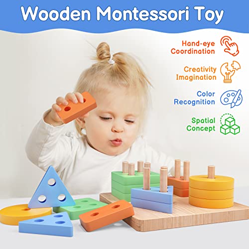 Montessori Toys for 1 2 Year Old, 7" Large Wooden Sorting and Stacking