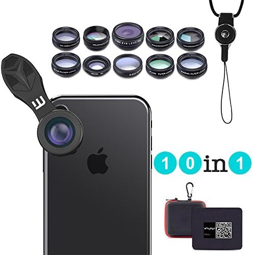 10 in 1 Clip-on Cell Phone Camera Lens Kit, Whyzyv iPhone &amp; Smartphone Lenses and Filters: Fisheye, Wide angle, Macro 15x, Telephoto 2x, CPL Polarized, Kaleidoscope, Flow, Radial, Star