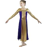 Danzcue Praise Dance Dress for Girls Metallic Color Block Long Sleeve Praise Dance Dress