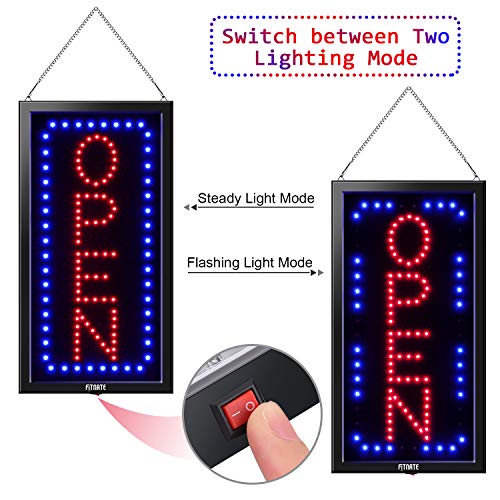 19x10inches LED Open Sign, Remote Control&Timing Function, Business Open Sign Advertisement Board Electric Display Sign, 2 Lighting Modes Flashing & Steady, for Walls, Window, Shop, Bar, Hotel