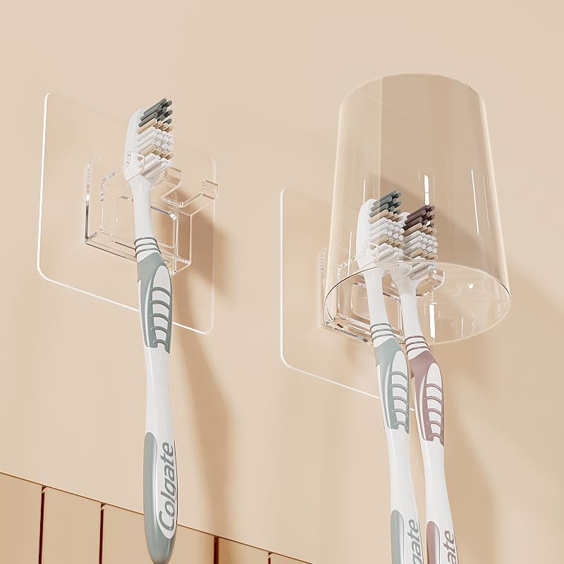 Photo 1 of Self-Adhesive Toothbrush Holder, Wall Mounted Tooth Brush Holder,2 in 1 with Toothbrush Hanger and Gargle Cup Holder for Bathroom Shower Waterproof Clear (2pcs)