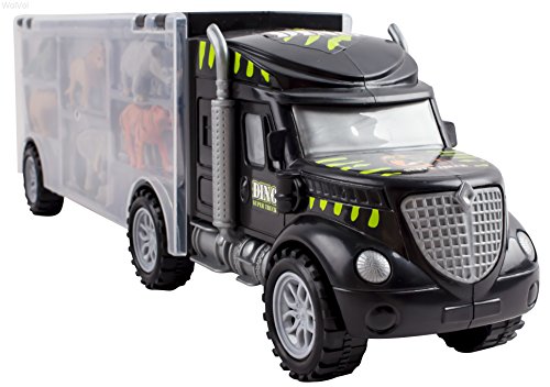 WolVol Hand Carry-On Wild Animals Transport Car Carrier Truck - Wildlife Transporter Toy On Wheels w/ 6 Mini Animal Models - Jungle Adventure Playset for Kids