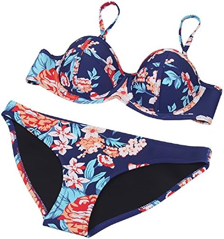 CINDYSMILE Women's Floral Two Piece Swimwear Halter Bikini Set (Dark Blue, S)