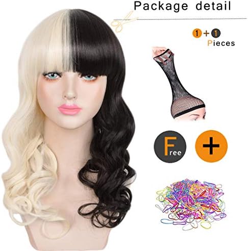 SiYi Half Blonde Black 2 Tone Short Straight Bob Wig Synthetic Full Wigs Should Length Cosplay Wigs for Women Girls (Long curly wigs)