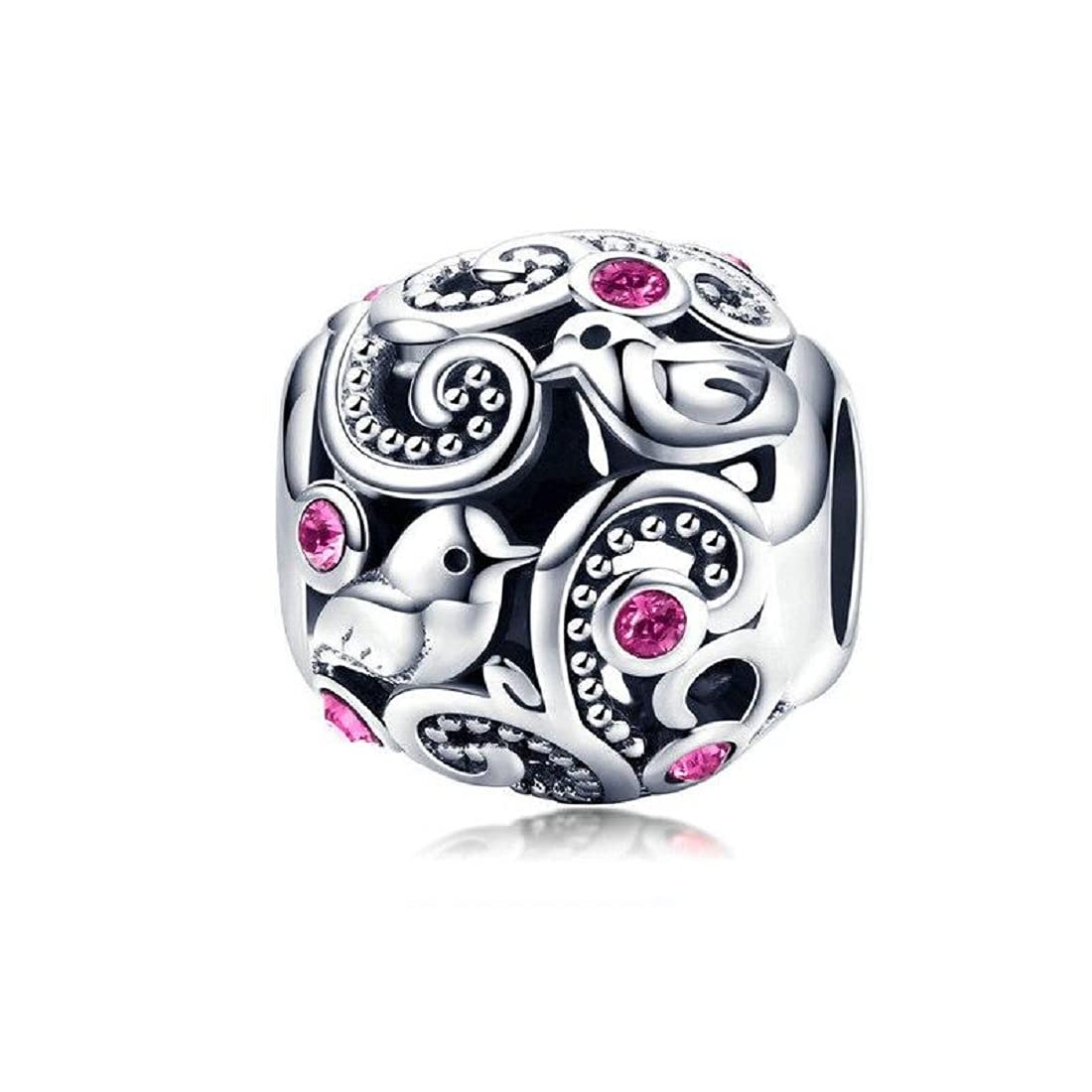 Featherwish Sterling Silver 925 Bird Flower Tree Retro Style Bead Charm Fits And Compatible With Pandora Bracelets Gift For Birthday Wife Daughter Mum Friend Sister