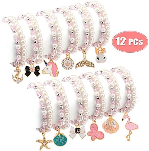 Tacobear 12pcs Bracelets for Girls Pearl Bracelet Pendant Animal Unicorn Bracelet Crystal Bead Charm Friendship Bracelets Princess Jewellery Party Bag Fillers for Kids (Double Layer)