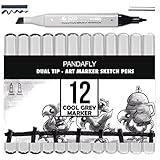 Grayscale Alcohol Art Markers - Pandafly Permanent Dual Tips Sketch Cool Grey Marker Pens for Drawing, Shading, Outlining, Illustrating and Rendering, Colorless Blender, Christmas Gift,12-Pack