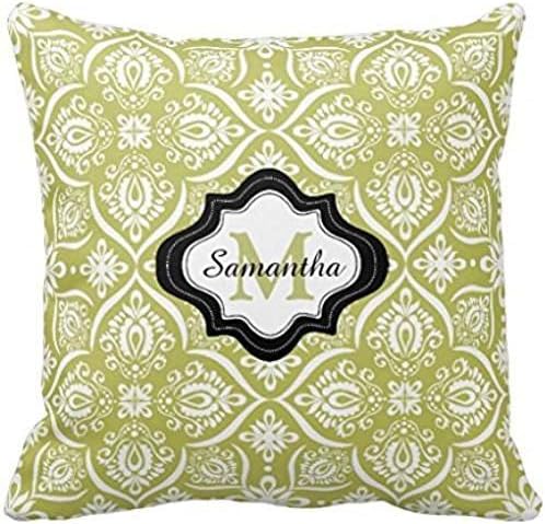 Custom Monogram Pillow Case Damask Pattern Lime Green Throw Pillow Case