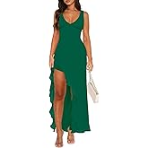 Women Sexy V Neck Sleeveless Mesh Ruffle Hem Bodycon Maxi Casual Backless High Slit Cocktail Party Dress