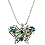 DianaL Boutique Beautiful Silvertone Crystal Butterfly Pendant Necklace 17" Chain Gift Boxed (Blue-Green)