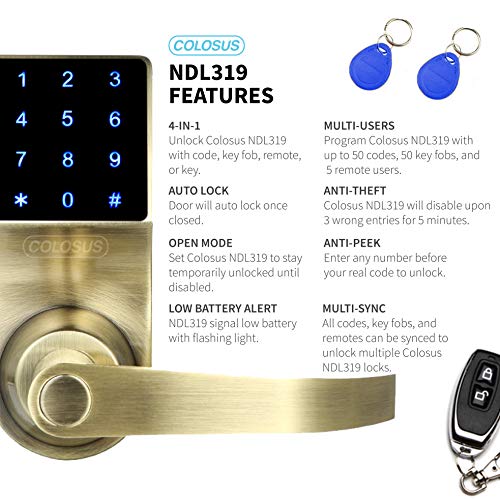 COLOSUS NDL319 Keyless Electronic Trusted Digital Smart Door Lock for Home & Office Security, Touchscreen - 50 User Codes + 4 Key Fobs + 1 Remote + 2 Keys (Gold) ... - Thumbnail 3