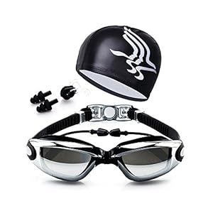 Qlten Swim Goggles and Cap Set, Swimming Goggles No Leaking Anti Fog UV with Free Protection Case + Nose Clip + Ear…