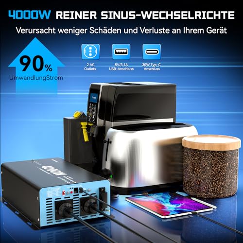 OLTEANP 4000W Pure Sine Wave Inverter 12V to 230V Car Voltage Converter with LCD Screen Remote Control, 2 AC Sockets, USB and Type-C Port Solar Power Inverter for Caravans, Boats