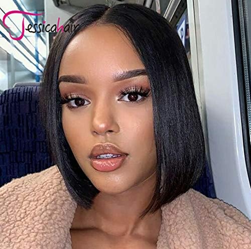 Jessica Hair Deep Part Short Bob Wigs 13x6 Lace Front Human Hair Wigs For Black Women Pre Plucked With Baby Hair Straight Remy Hair Wigs (10 inch with 150% density)