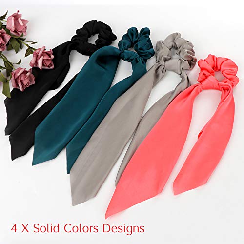 Silk Satin Hair Scrunchies Scarf, 12 Pcs Ribbon Bow Scrunchies, Soft Scarf Hair Ties Bowknot Ponytail Holder for Women Girls, Including 4 Solid Colors & 4 Stripe Styles & 4 Flower Pattern
