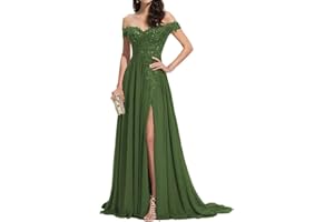 seezom Women's Laces Appliques Bridesmaid Dress Chiffon Prom Dress Off Shoulder Formal Evening Party Gowns with Slit