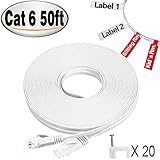 Ethernet Cable 50 ft Cat 6 Flat Lan Internet Network Cable,High Speed 10 Gigabit With Snagless Rj45 Connectors,50 Foot Cable White,Free Cable Clips and Sticky Labels