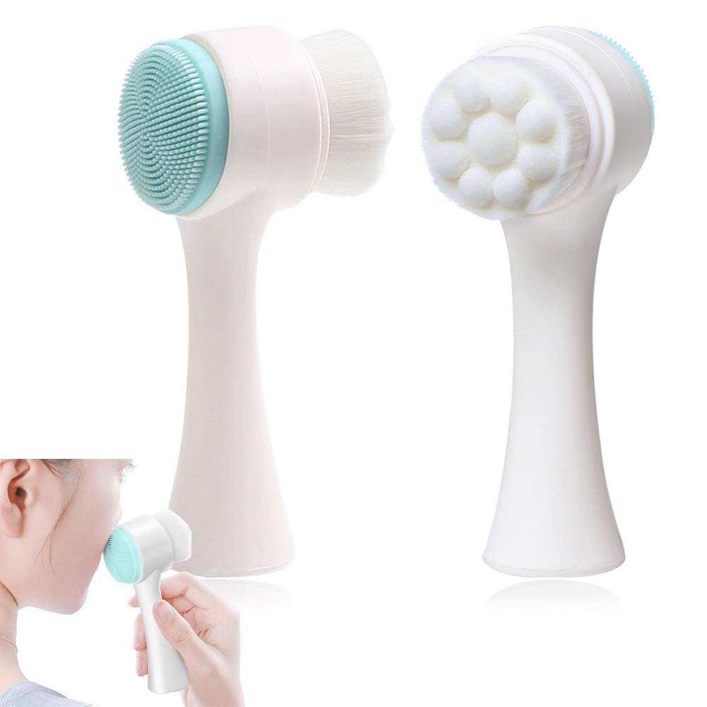 YFSEOS 2 in 1 Manual Facial Brush Cleansing,Silicone Double-Sided Face Wash Brush with Face Massager Brush,Massage Pore Ultra-Soft Manual Exfoliating (Blue)