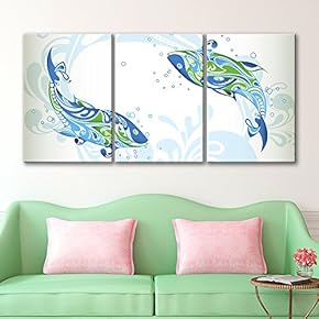 3 Panel Canvas Wall Art - Abstract Blue Fish Pattern - Giclee Print Gallery Wrap Modern Home Art Ready to Hang - 16"x24" x 3 Panels