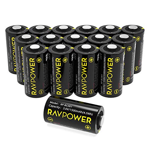 CR123A 3V Lithium Battery RAVPower Non-Rechargeable Lithium Batteries [16 Pack 1500mAh Each] 10 Years of Shelf Life for Arlo Cameras Polaroid Flashlight Microphones [CAN NOT BE RECHARGED]