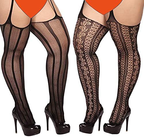 RUILOVE 2 Pairs Thigh High Stocking Plus Size Stockings for Women Suspender Pantyhose Fishnet Tights Black (Fit US 8-16)