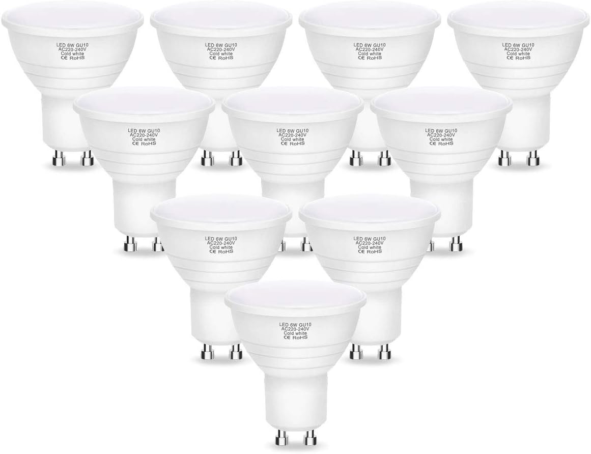 LEHASI GU10 LED Light Bulb, 6W Equivalent to 40W Halogen Bulb, 6000K Day White, 480Lumens, Spot Light, GU10 Lamp, Non-Dimmable, 120°Beam Angle, 230V, 10 Pack