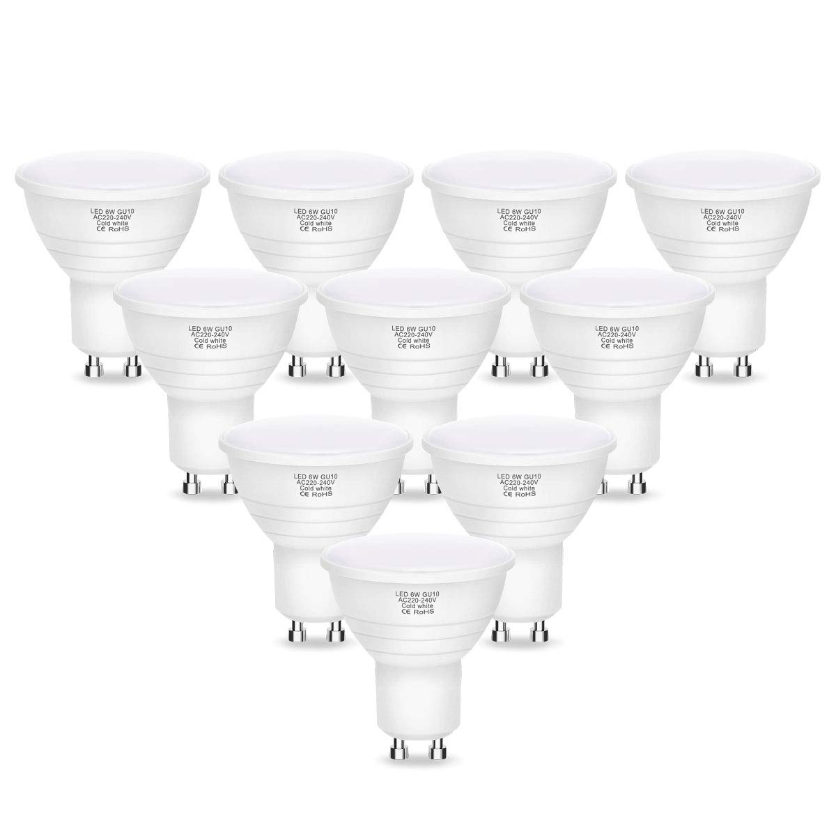 LEHASI GU10 LED Light Bulb, 6W Equivalent to 40W Halogen Bulb, 6000K Day White, 480Lumens, Spot Light, GU10 Lamp, Non-Dimmable, 120°Beam Angle, 230V, 10 Pack