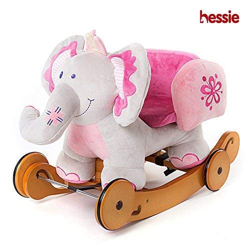 Baby Rocking Horse, Dual-use Pink Elephant Wooden Rocker Ride On, Toddler Rocking Horse with Wheel, Plush Rocking Horse Ages 1-3