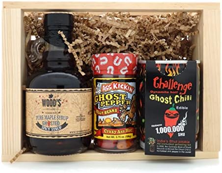 Sweet and Spicy Gift Set Ghost Pepper Jellybeans Ghosted Maple Syrup and Ghost Pepper Plant Growing Kit - in Wooden Gift Crate