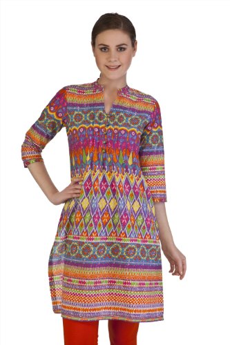 MB Women's Indian Style Clothing Kurta Tunic Top with Pastel Geometric Print