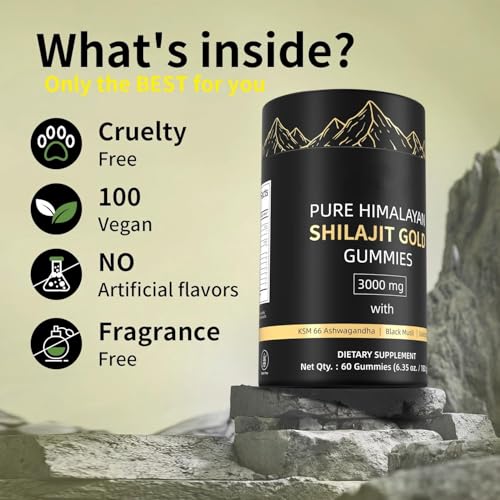 Pure Shilajit Gold Gummies 3000mg for Men & Women – Himalayan Shilajit with Fulvic Acid & 85+ Trace Minerals – Organic Shilajit Supplement, 60 Gummies