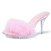 Heiyom Women's Fuzzy Slippers Clear Heels Pointed Toe Stilettos Heels Mules Sandals Fluffy Feather Slip On High Heeled Party Prom Dresses Shoes