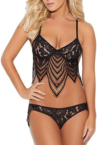 Women's Sexy Lingerie Babydoll Strappy Lace Crop Bra Top and Underwear Panty Set (L, Black)