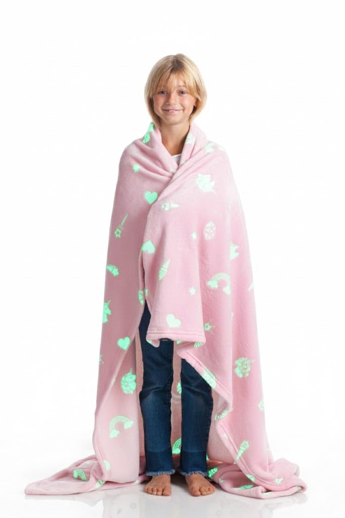 Kanguru Unicorn Glow in The Dark, Super fluffy, Cozy, Fluffy, Warm, Throw Fleece Blanket Microfiber for Sofa, Bedroom, Couch, Travel, Kids, Polyester, Pink, 130 x 150 cm