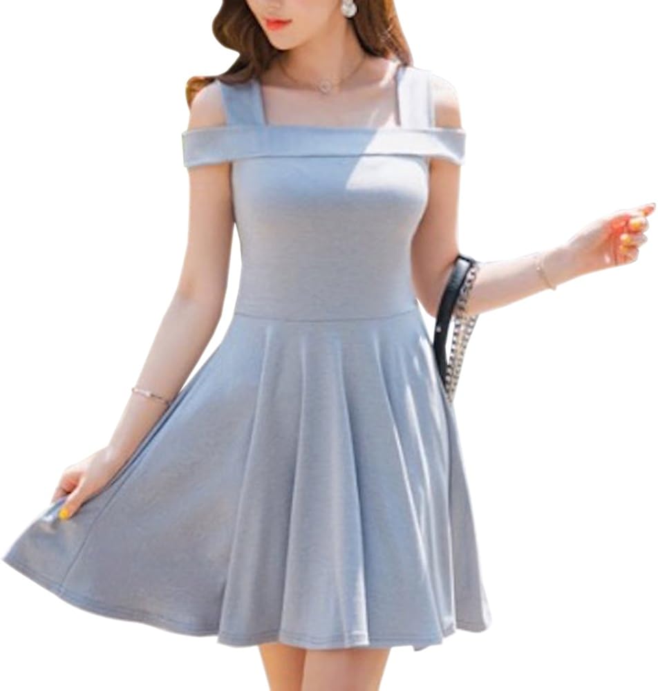 Amazon Co Jp Megumi 韓国 オルチャン ファッション 夏 膝丈 ワンピース 肩がユニーク Mサイズ相当 グレー 服 ファッション小物