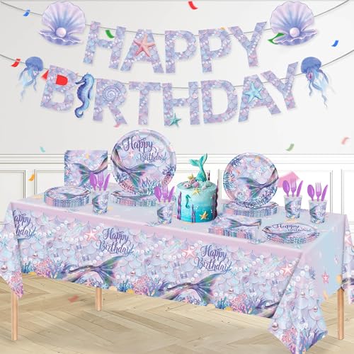 Kastwave 118Pcs Mermaid Birthday Party Supplies Decorations Set Includes Plates, Napkin, Fork, Cup, Tablecloth, Banner For Baby Shower Ocean Decorations, Serves 16
