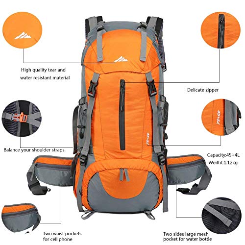 seenlast 50L Unisex Travel Hiking Backpack Outdoor Sport Daypack Water-Resistant Bag with Rain Cover for Climbing Camping Touring Mountaineering(Orange)