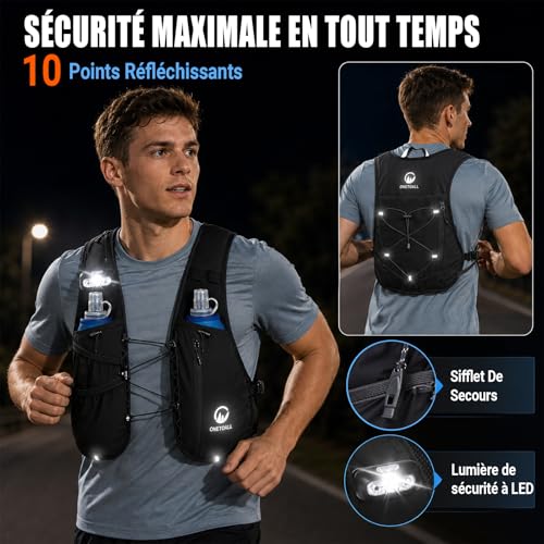 ONETOALL Women's Running Hydration Vest – 2 Soft Bottles 500 ml + LED Light, Lightweight Running Bag for Men, Marathon, Trail, Hiking